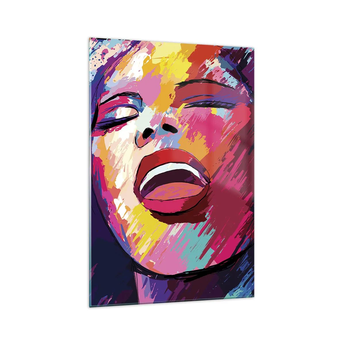 Glasbild - Bild auf glas - Abstraktes Porträt einer Frau in lebendigen Farben - 70x100cm - Sing mein ganzes Leben - Moderne Wanddekoration für Wohnzimmer und Schlafzimmer ARTTOR
