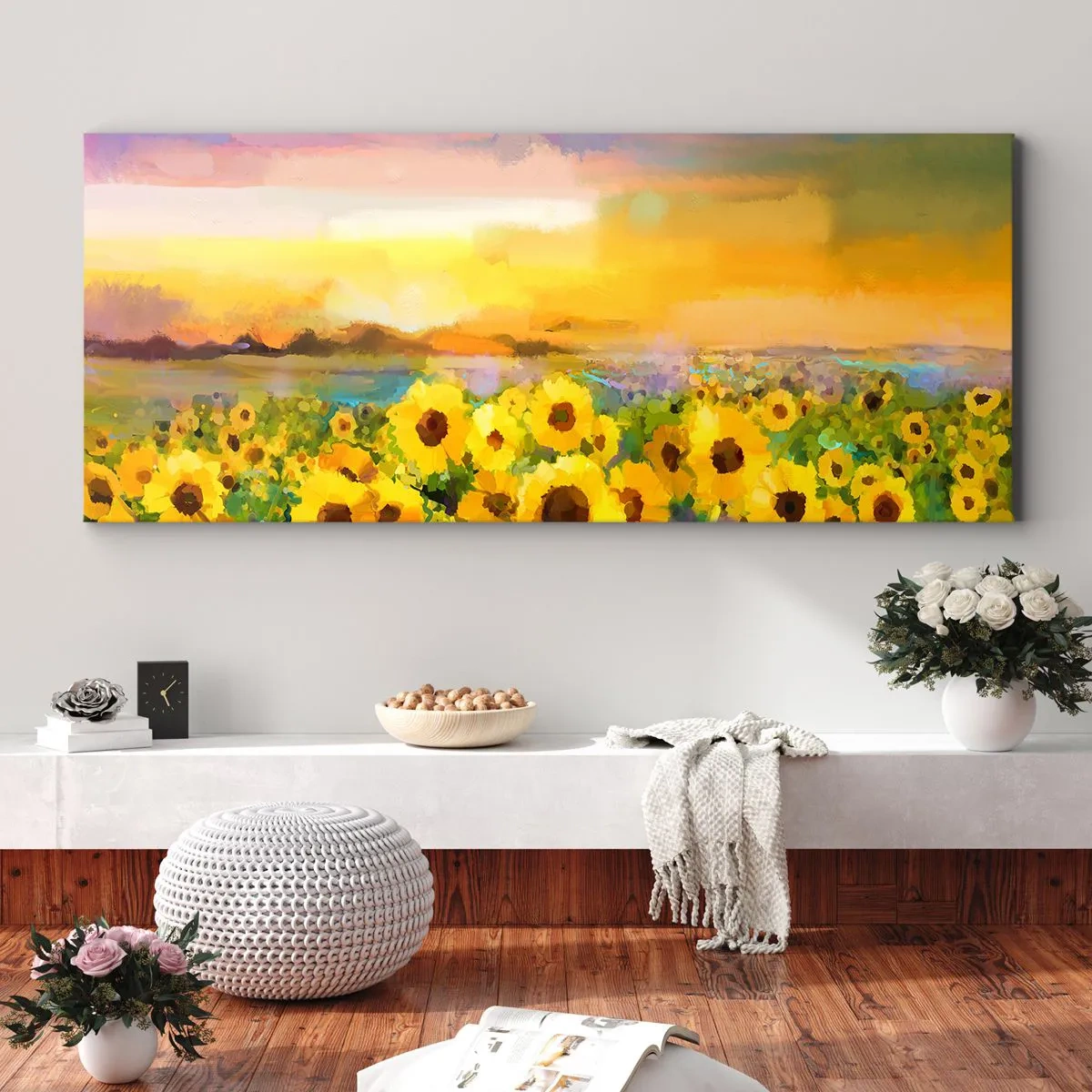 Bild auf Leinwand - Leinwandbild - Ein Sonnenblumenfeld im Licht der untergehenden Sonne - 160x50cm - Die Sonne selbst ist auf die Erde herabgestiegen - Moderne Wanddekoration für Wohnzimmer und Schlafzimmer ARTTOR