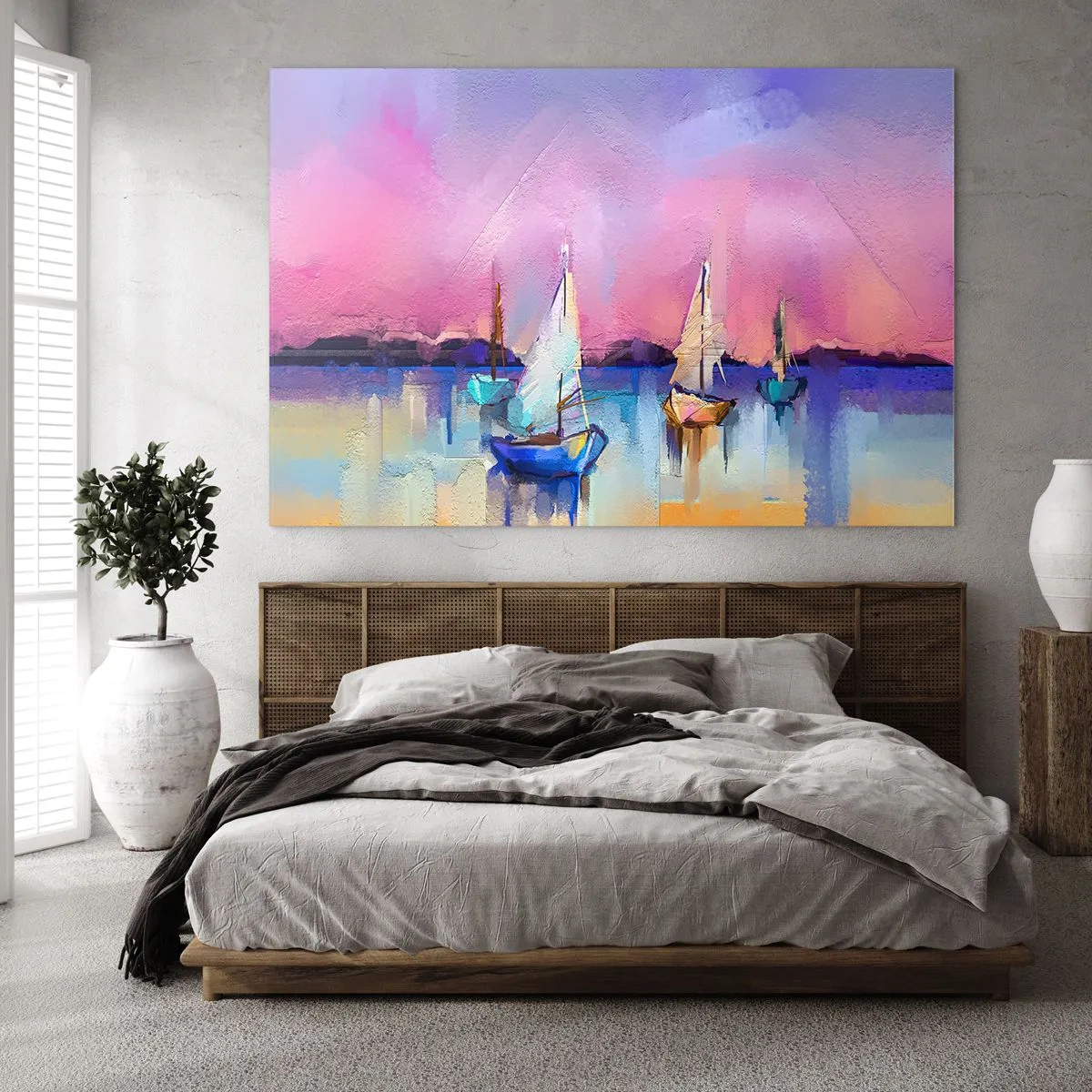 Glasbild - Bild auf glas - Abstrakter Yachthafen mit Segelbooten bei Sonnenuntergang - 100x70cm - Richtung: breites Wasser - Moderne Wanddekoration für Wohnzimmer und Schlafzimmer ARTTOR
