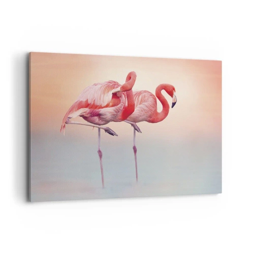Bild auf Leinwand - Leinwandbild - Flamingos in zarten Pastellfarben auf Wasserhintergrund - 100x70cm - Die Farbe der untergehenden Sonne - Moderne Wanddekoration für Wohnzimmer und Schlafzimmer ARTTOR