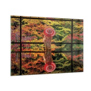 Glasbild - Bild auf glas - Eine Frau im Kimono mit Regenschirm vor einer Herbstlandschaft, die sich im Wasser spiegelt. - 100x70cm - Im Tempel der Natur - Moderne Wanddekoration für Wohnzimmer und Schlafzimmer ARTTOR