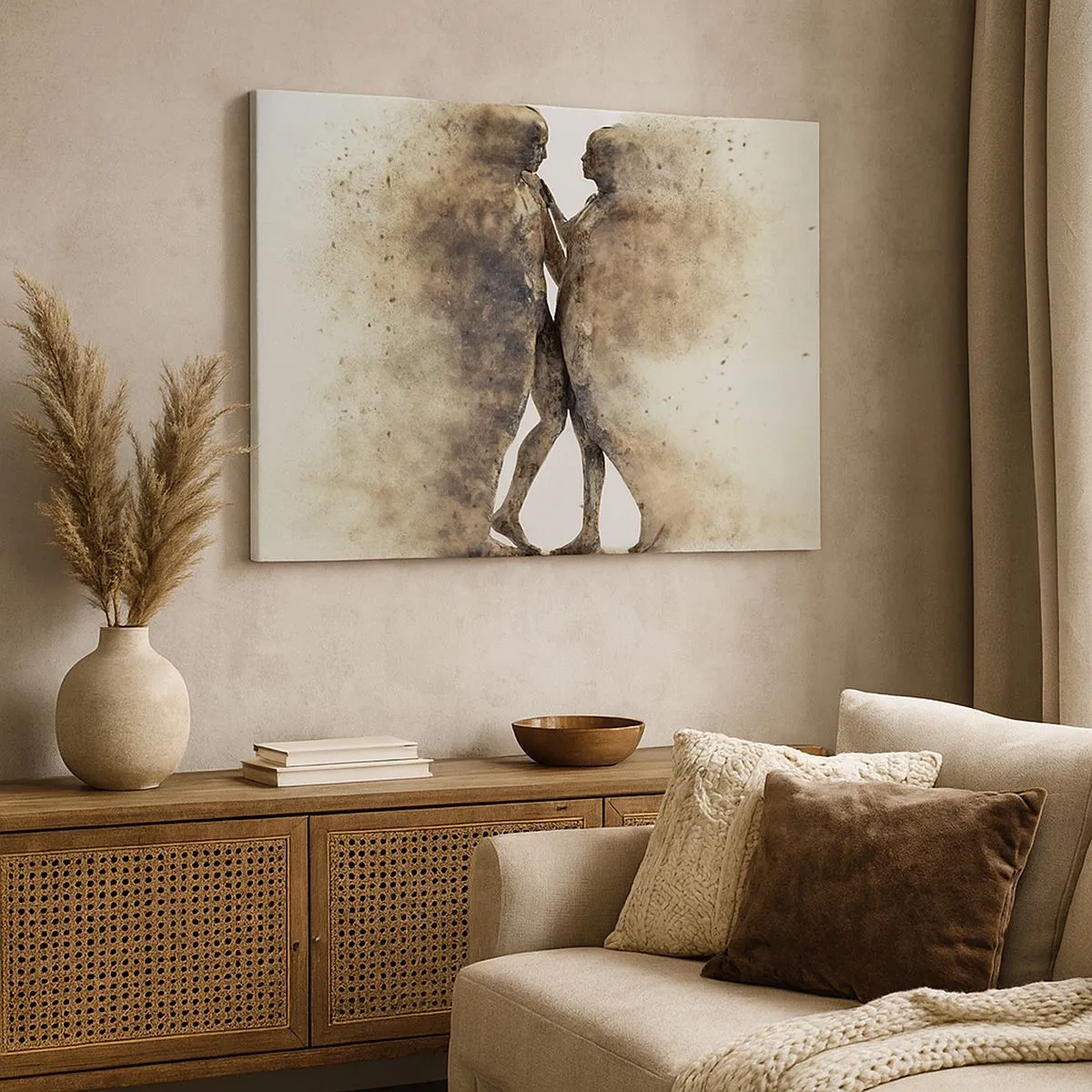 Bild auf Leinwand - Leinwandbild - Ein abstraktes Silhouettenduo in Sandtönen - 70x50cm - Sie erhoben sich aus dem Staub, um zu lieben - Moderne Wanddekoration für Wohnzimmer und Schlafzimmer ARTTOR