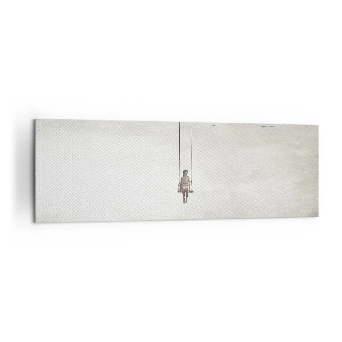 Bild auf Leinwand - Leinwandbild - Eine Figur auf einer Schaukel, die im Raum schwebt - 160x50cm - Ein Kind in uns - Moderne Wanddekoration für Wohnzimmer und Schlafzimmer ARTTOR
