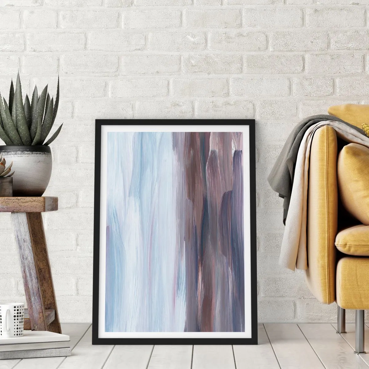 Poster in einem schwarzem Rahmen - Abstrakte Pinselstriche in Blau- und Brauntönen - 50x70cm - Elemente: Wasser - Moderne Wanddekoration für Wohnzimmer und Schlafzimmer ARTTOR