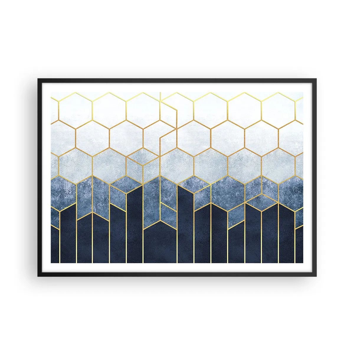 Poster in einem schwarzem Rahmen - Geometrisches Muster in Gold- und Marineblautönen - 100x70cm - Komposition im synkopischen Rhythmus - Moderne Wanddekoration für Wohnzimmer und Schlafzimmer ARTTOR