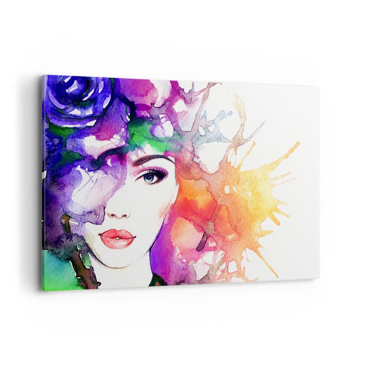 Bild auf Leinwand - Leinwandbild - Porträt einer Frau in Aquarellfarben mit abstrakten Flecken - 120x80cm - Mit dem Kopf in den Wolken - Moderne Wanddekoration für Wohnzimmer und Schlafzimmer ARTTOR