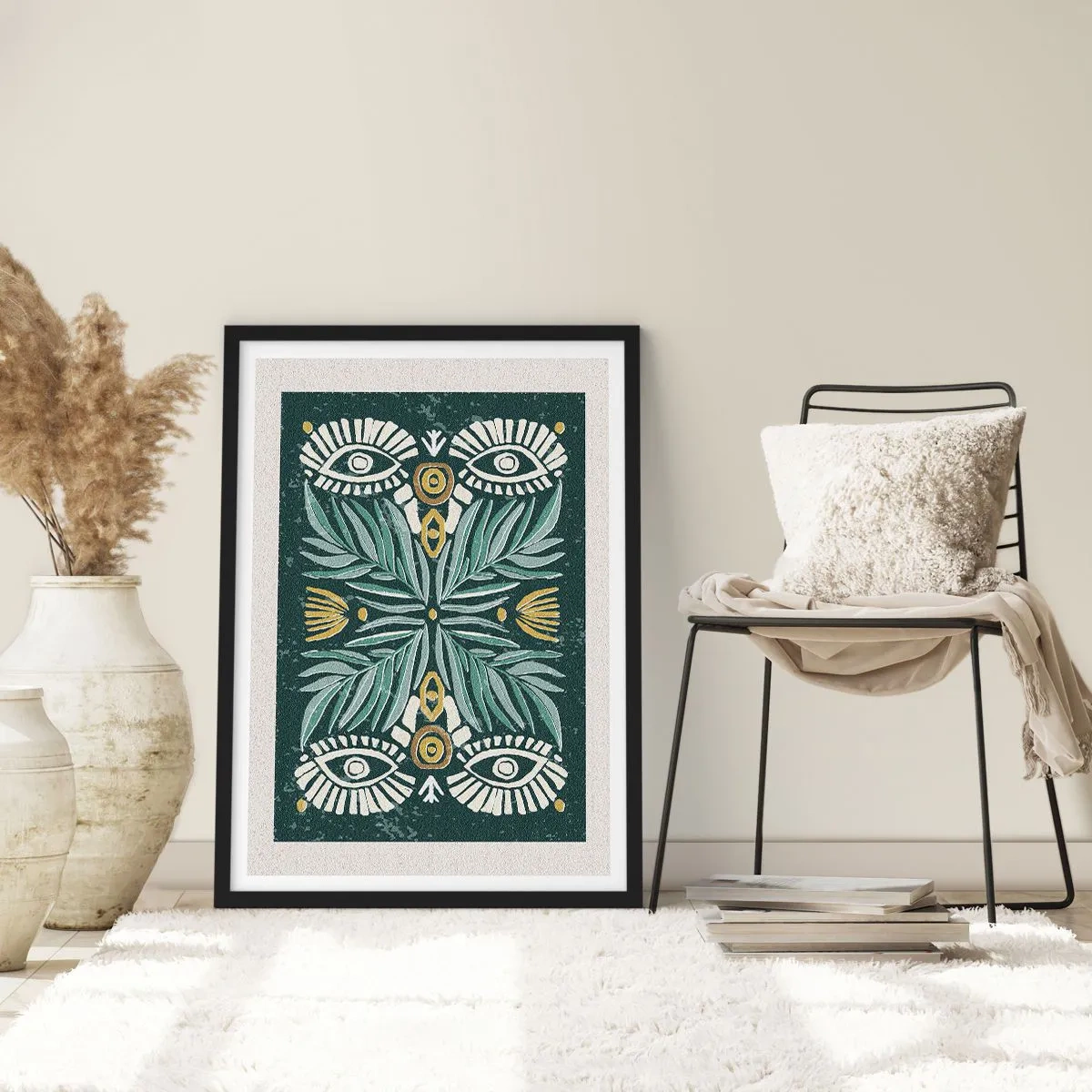 Poster in einem schwarzem Rahmen - Symmetrisches Muster mit Blättern und Augen auf dunklem Hintergrund - 50x70cm - Wie ein Volksausschnitt - Moderne Wanddekoration für Wohnzimmer und Schlafzimmer ARTTOR