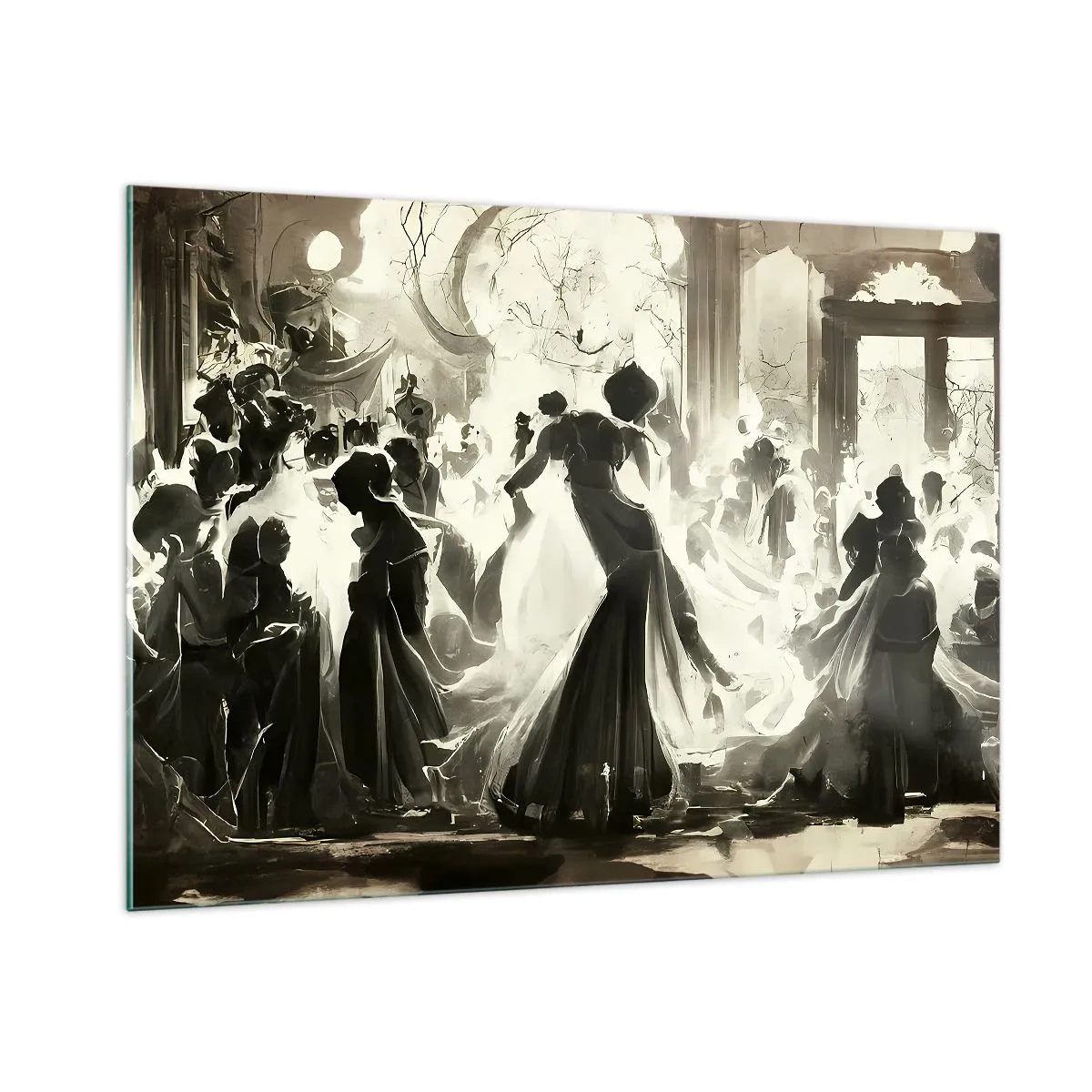 Glasbild - Bild auf glas - Eine Ballsaalszene im Retro-Stil mit tanzenden Figuren - 100x70cm - Die große Maskerade - Moderne Wanddekoration für Wohnzimmer und Schlafzimmer ARTTOR