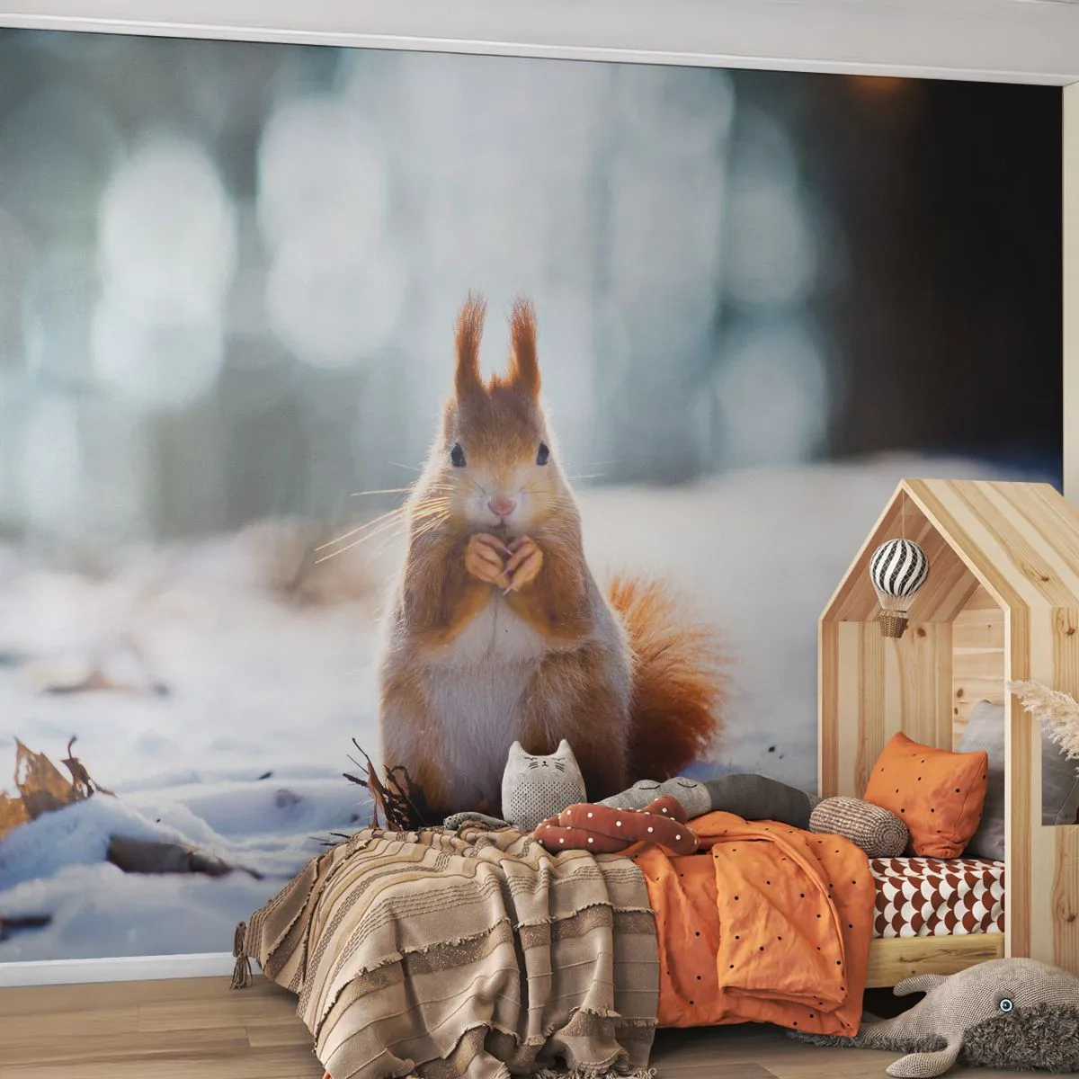 Fototapete Standard Eco - Wo schaust du hin? - Tiere, Eichhörnchen, Winter - 200x140 cm