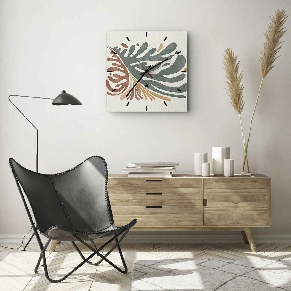 Wanduhr - Glasuhr - Buntes abstraktes Blatt auf hellem Hintergrund - 30x30cm - Mehrfarbiges Blatt - Moderne Wanddekoration für Wohnzimmer und Schlafzimmer ARTTOR