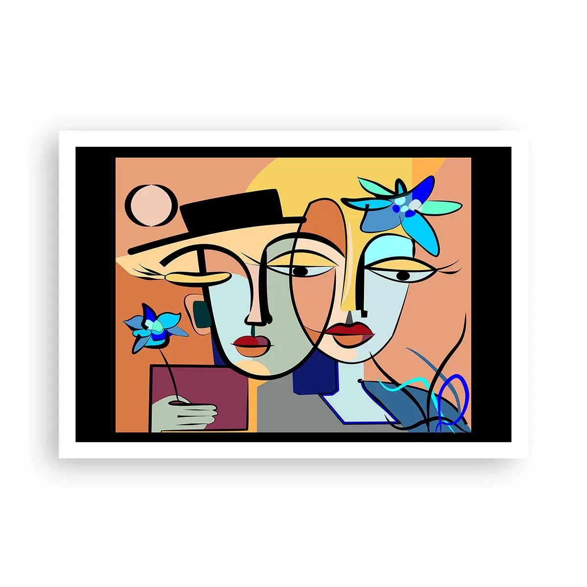 Poster - Kubistische Porträts in leuchtenden Farben mit floralem Motiv - 100x70cm - Picassos randez vous - Moderne Wanddekoration für Wohnzimmer und Schlafzimmer ARTTOR
