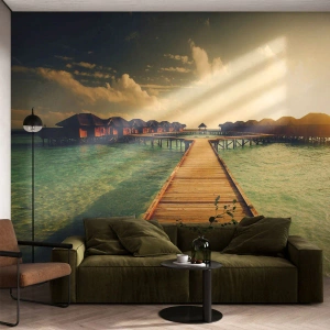 Fototapete Premium Canvas - Eine herzliche Einladung - Malediven, Landschaft, Häuser am Wasser - 450x315 cm