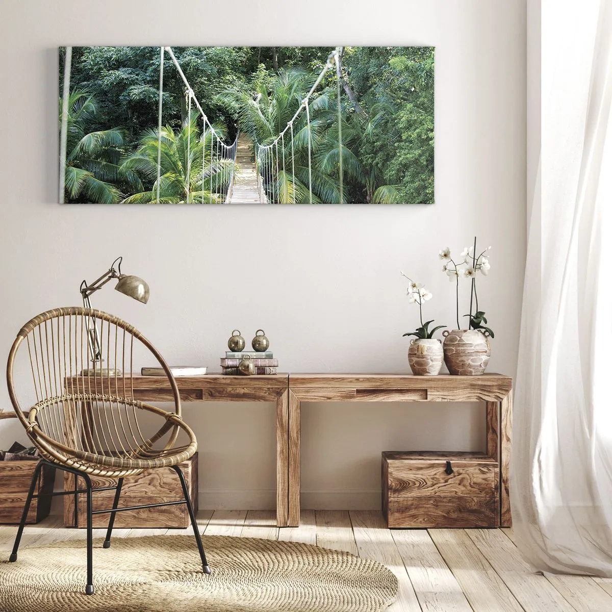 Bild auf Leinwand - Leinwandbild - Eine Hängebrücke in einem tropischen Dschungel voller Grün - 120x50cm - Willkommen im Dschungel! - Moderne Wanddekoration für Wohnzimmer und Schlafzimmer ARTTOR