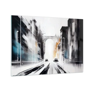 Glasbild - Bild auf glas - Eine dynamische Stadtstraße mit Autos und einem Bogen im Hintergrund im malerischen Stil. - 70x50cm - Stadtstudie: Architektur und Bewegung - Moderne Wanddekoration für Wohnzimmer und Schlafzimmer ARTTOR