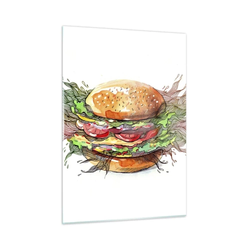 Glasbild - Bild auf glas - Künstlerische Zeichnung eines Burgers mit Aquarelldetails - 50x70cm - Heiße Versuchung - Moderne Wanddekoration für Wohnzimmer und Schlafzimmer ARTTOR