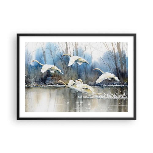 Poster in einem schwarzem Rahmen - Schwäne im Flug über einem zugefrorenen See in einer Winterlandschaft - 70x50cm - Wie im Märchen von den wilden Schwänen - Moderne Wanddekoration für Wohnzimmer und Schlafzimmer ARTTOR