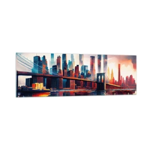 Glasbild - Bild auf glas - New York City Panorama mit Brücke und Spiegelung im Wasser - 160x50cm - Traumhaftes New York - Moderne Wanddekoration für Wohnzimmer und Schlafzimmer ARTTOR