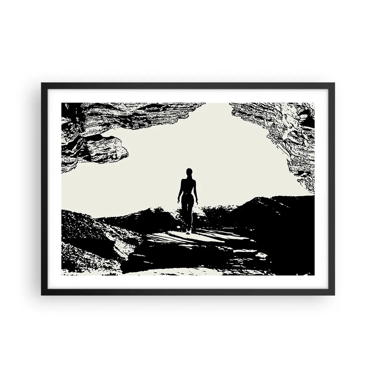 Poster in einem schwarzem Rahmen - Schwarz-weiße Silhouette einer Frau in einer Höhle gegen den Himmel - 70x50cm - Neuer Blick - Moderne Wanddekoration für Wohnzimmer und Schlafzimmer ARTTOR