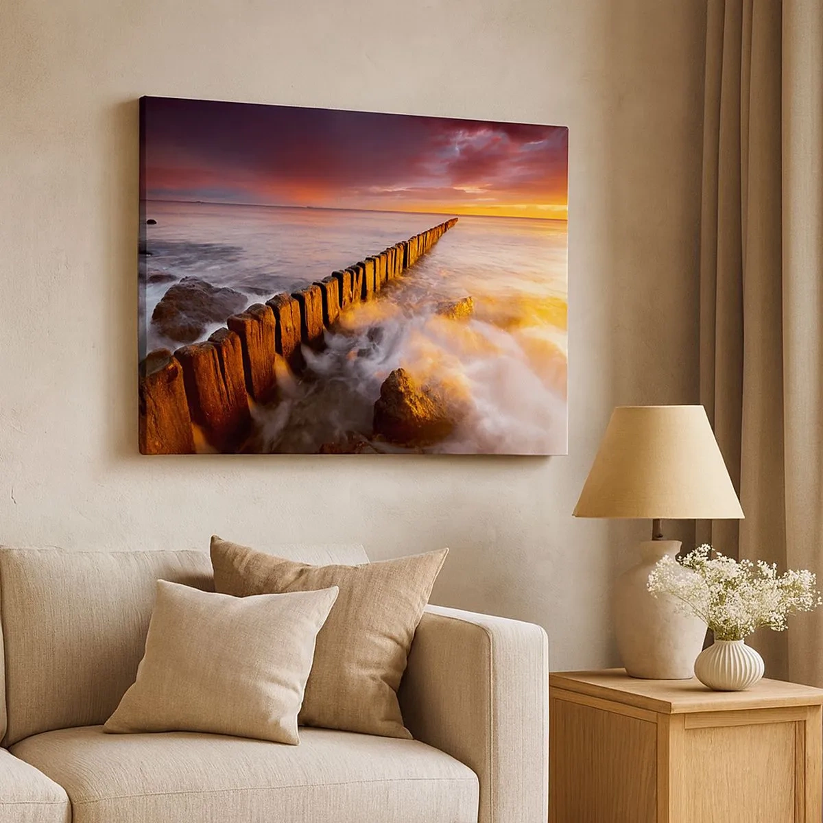 Bild auf Leinwand - Leinwandbild - Eine malerische Landschaft am Meer bei Sonnenuntergang - 70x50cm - Die Sanftheit der Wellen - Moderne Wanddekoration für Wohnzimmer und Schlafzimmer ARTTOR