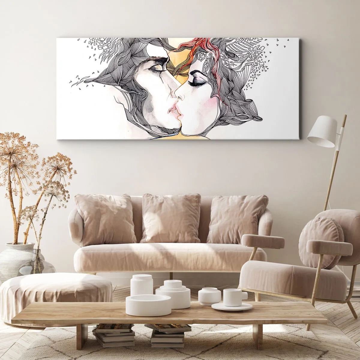 Bild auf Leinwand - Leinwandbild - Künstlerisches Paarportrait mit abstrakten Haarmotiven - 120x50cm - Die Welt existiert nicht - Moderne Wanddekoration für Wohnzimmer und Schlafzimmer ARTTOR