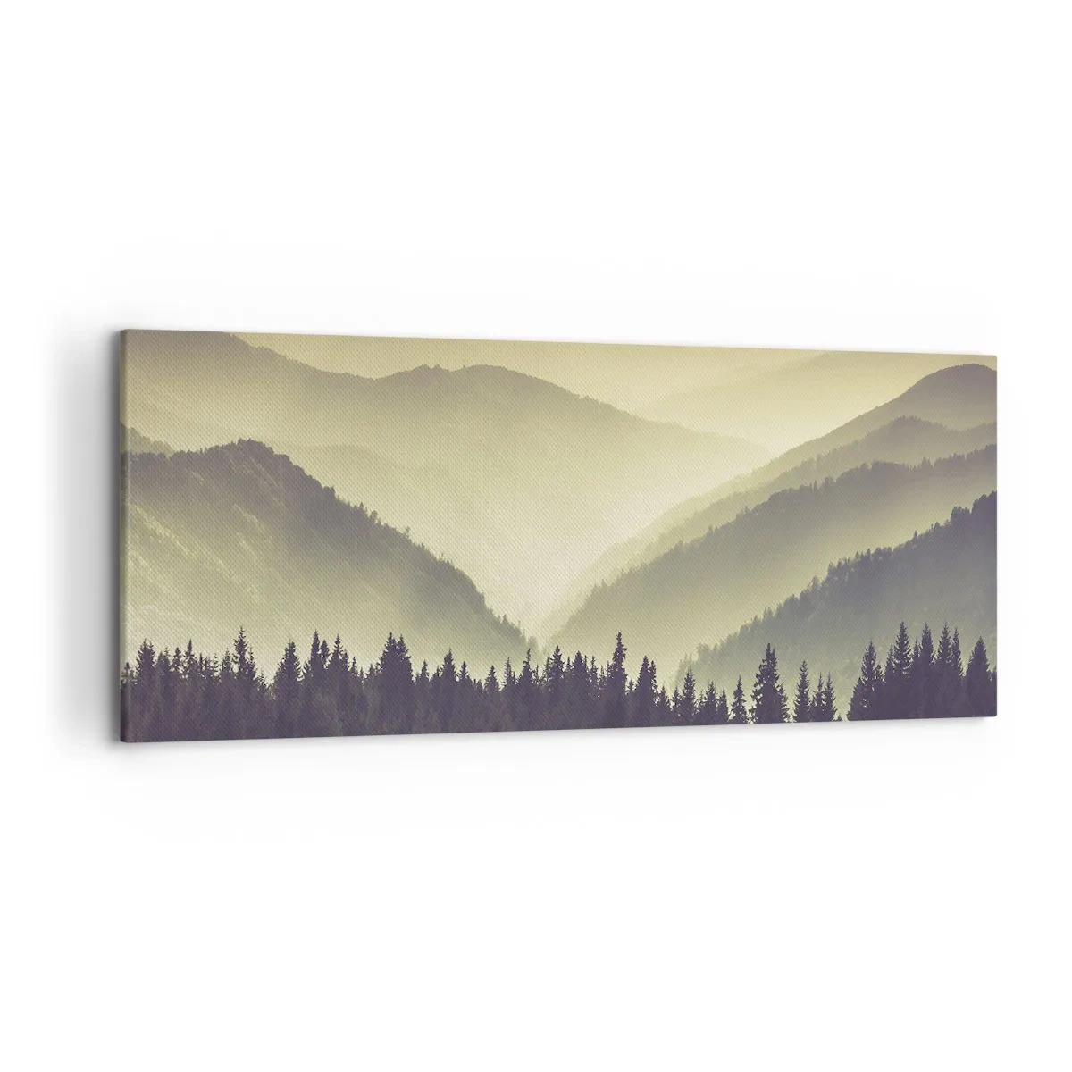 Bild auf Leinwand - Leinwandbild - Malerische Bergketten im Nebel in warmem Licht - 120x50cm - Hinter den sieben Bergen ... - Moderne Wanddekoration für Wohnzimmer und Schlafzimmer ARTTOR