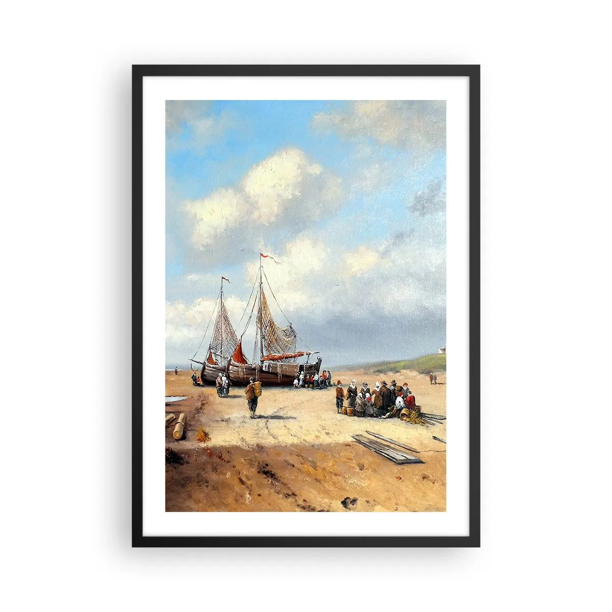 Poster in einem schwarzem Rahmen - Traditionelle Fischerboote und Fischer an einem Sandstrand - 50x70cm - Nach einem erfolgreichen Fischfang - Moderne Wanddekoration für Wohnzimmer und Schlafzimmer ARTTOR