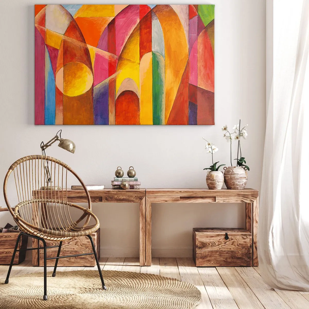 Bild auf Leinwand - Leinwandbild - Eine abstrakte Komposition voller farbenfroher geometrischer Formen. - 120x80cm - Kathedrale der Sonne - Moderne Wanddekoration für Wohnzimmer und Schlafzimmer ARTTOR