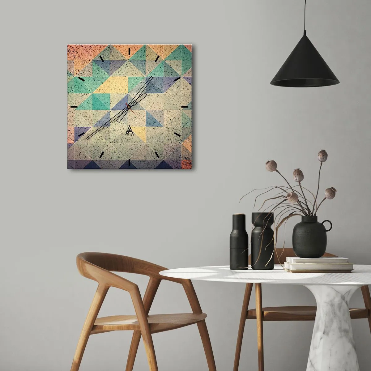 Wanduhr - Glasuhr - Eine farbenfrohe Komposition aus geometrischen Dreiecken in Pastelltönen. - 30x30cm - Republik der Dreiecke - Moderne Wanddekoration für Wohnzimmer und Schlafzimmer ARTTOR