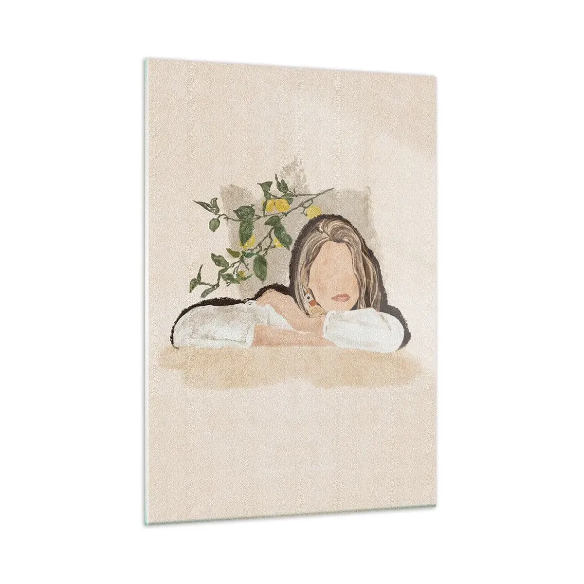 Glasbild - Bild auf glas - Eine Frau lehnt mit ausdruckslosem Gesicht zwischen den Zweigen eines Zitronenbaums an einem Tisch. - 50x70cm - Südländische Schönheit - Moderne Wanddekoration für Wohnzimmer und Schlafzimmer ARTTOR