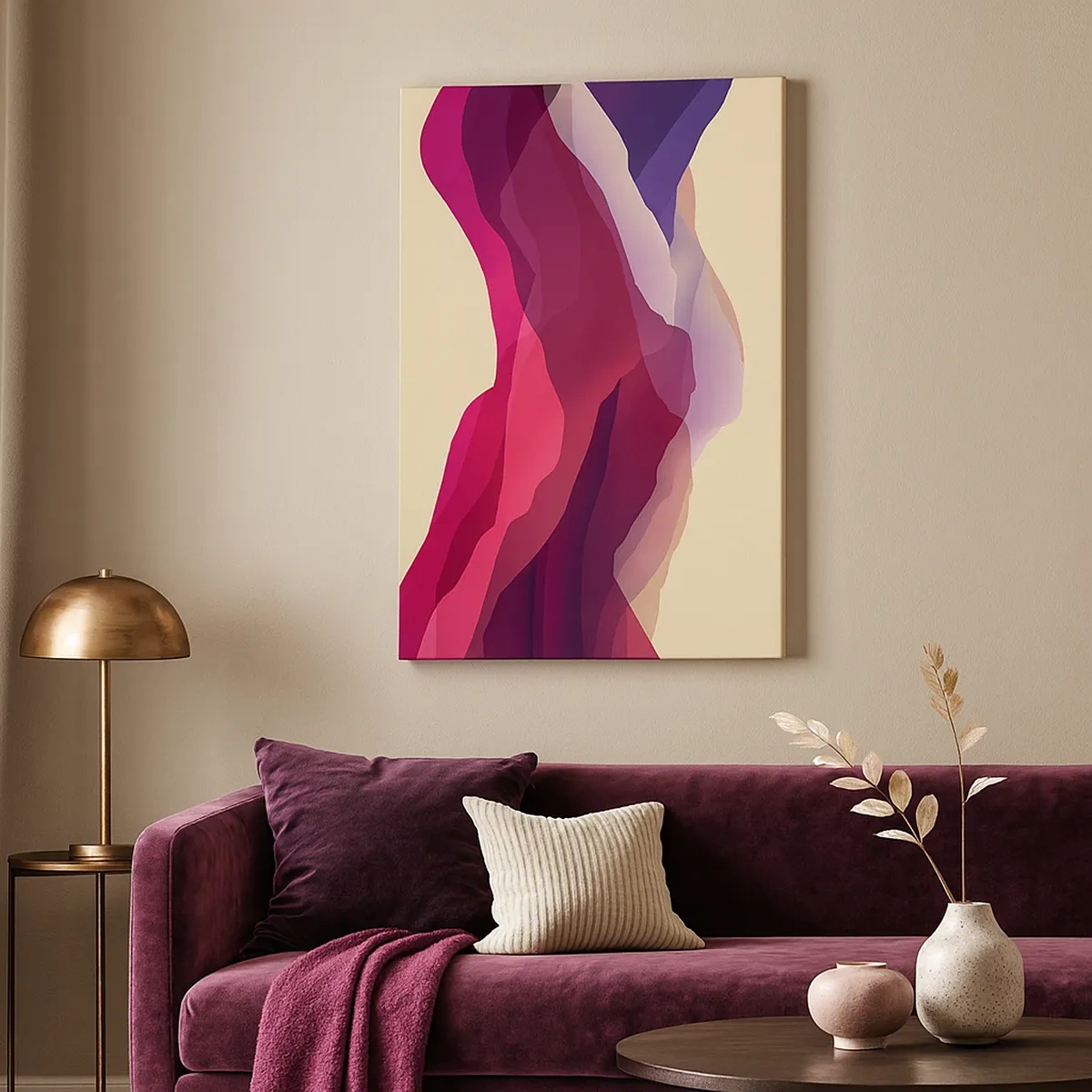 Bild auf Leinwand - Leinwandbild - Abstrakte Wellen in Lila- und Rosatönen auf hellem Hintergrund - 50x70cm - Lila Wellen - Moderne Wanddekoration für Wohnzimmer und Schlafzimmer ARTTOR