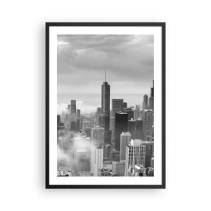 Poster in einem schwarzem Rahmen - Schwarz-Weiß-Ansicht der Skyline der Stadt mit Wolkenkratzern in den Wolken - 50x70cm - Amerikanische Landschaft - Moderne Wanddekoration für Wohnzimmer und Schlafzimmer ARTTOR