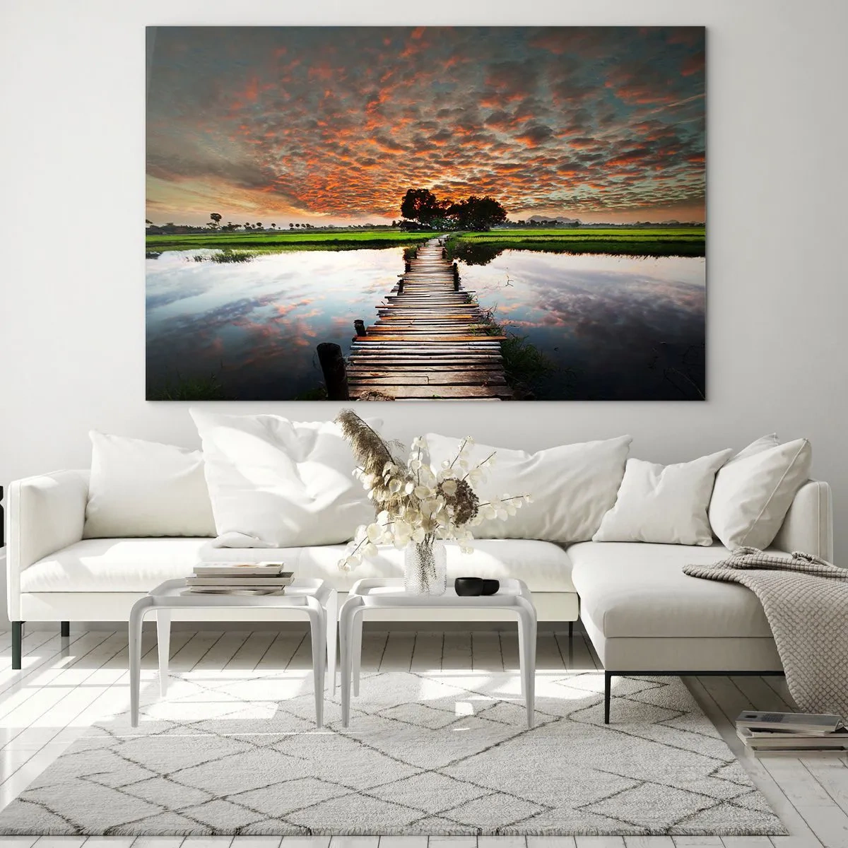 Glasbild - Bild auf glas - Holzbrücke über den Fluss bei Sonnenuntergang - 70x50cm - Arme ausstrecken - atmen - Moderne Wanddekoration für Wohnzimmer und Schlafzimmer ARTTOR