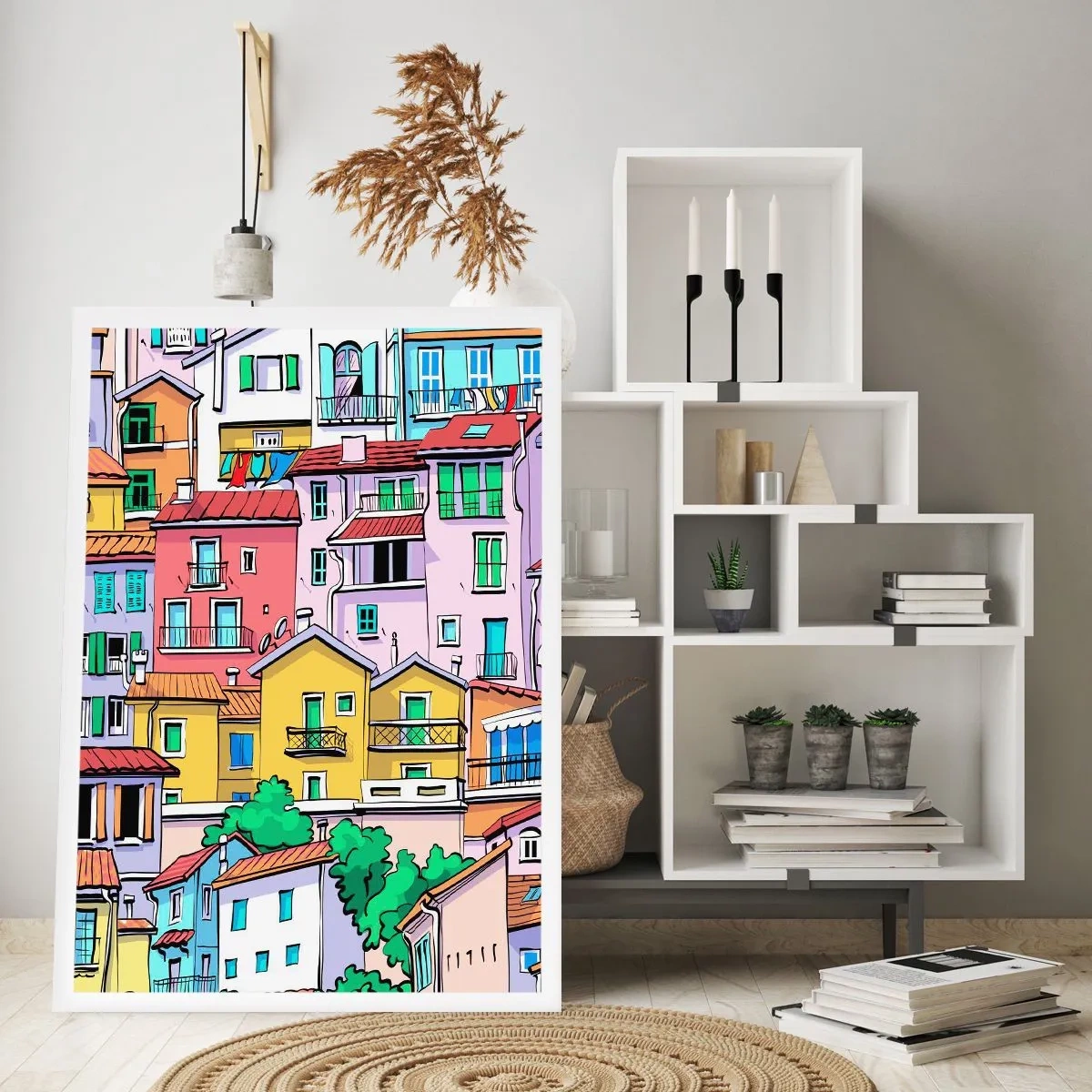 Poster - Bunte Mietshäuser im illustrativen Stil - 50x70cm - Lustige Stadt - Moderne Wanddekoration für Wohnzimmer und Schlafzimmer ARTTOR