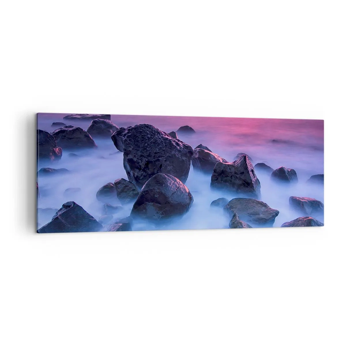 Bild auf Leinwand - Leinwandbild - Felsige Küste bei Sonnenuntergang - 140x50cm - Geburt bei Licht und Nebel - Moderne Wanddekoration für Wohnzimmer und Schlafzimmer ARTTOR