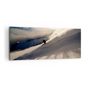 Bild auf Leinwand - Leinwandbild - Ein Skifahrer auf einer Piste, umgeben von Bergen und Schnee - 120x50cm - Bergherausforderung angenommen - Moderne Wanddekoration für Wohnzimmer und Schlafzimmer ARTTOR