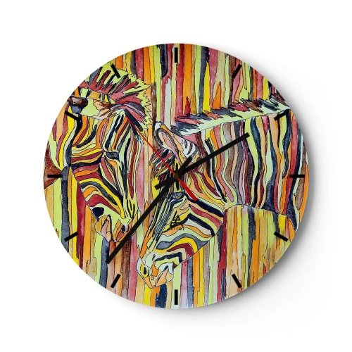 Wanduhr - Glasuhr - Eine abstrakte Darstellung zweier Zebras vor einem Hintergrund aus bunten Streifen. - 30x30cm - Also du auch... - Moderne Wanddekoration für Wohnzimmer, Küche und Schlafzimmer ARTTOR