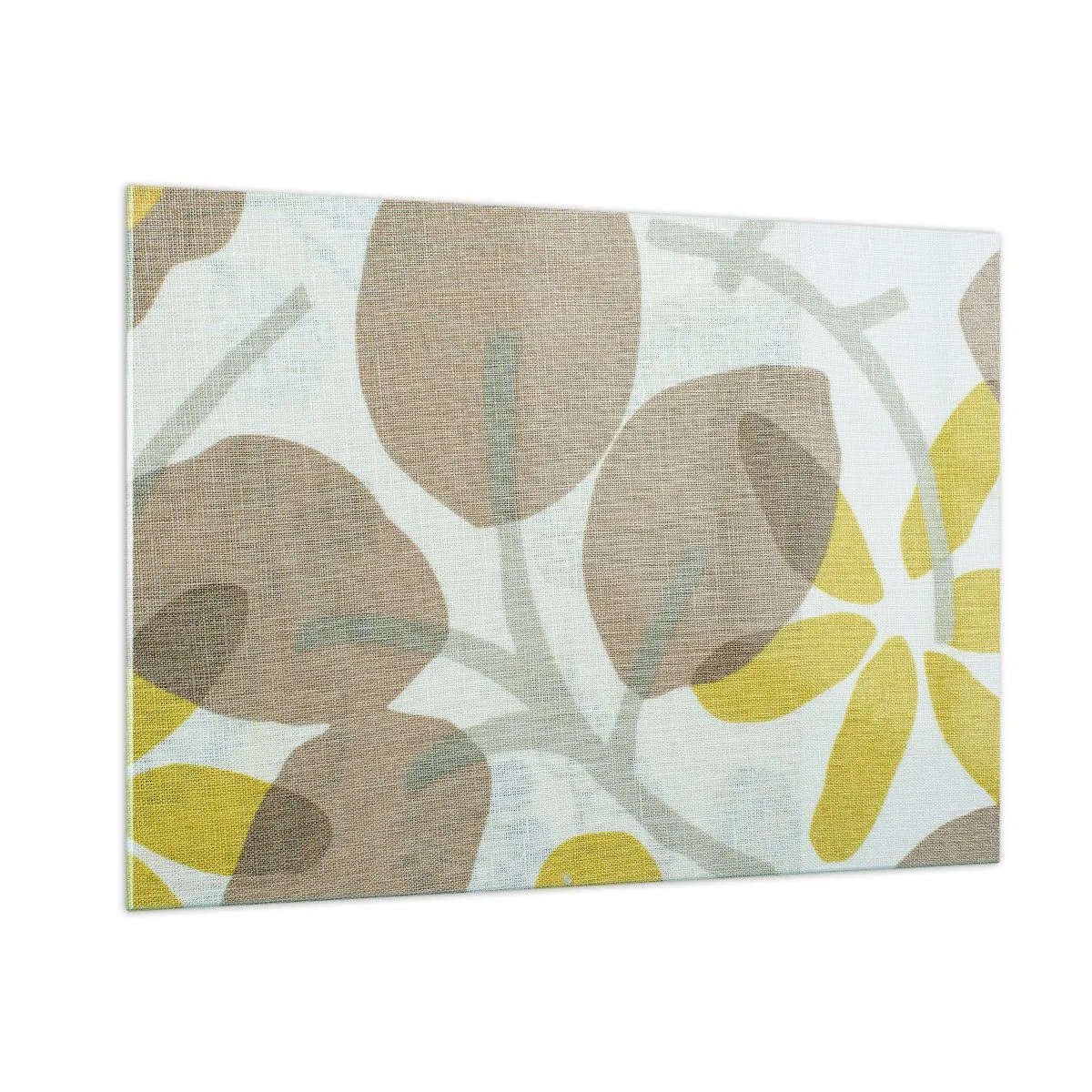 Glasbild - Bild auf glas - Stilisierte Blätter und Blüten in Pastellbeige und Gelb - 100x70cm - Komposition in voller Sonne - Moderne Wanddekoration für Wohnzimmer und Schlafzimmer ARTTOR
