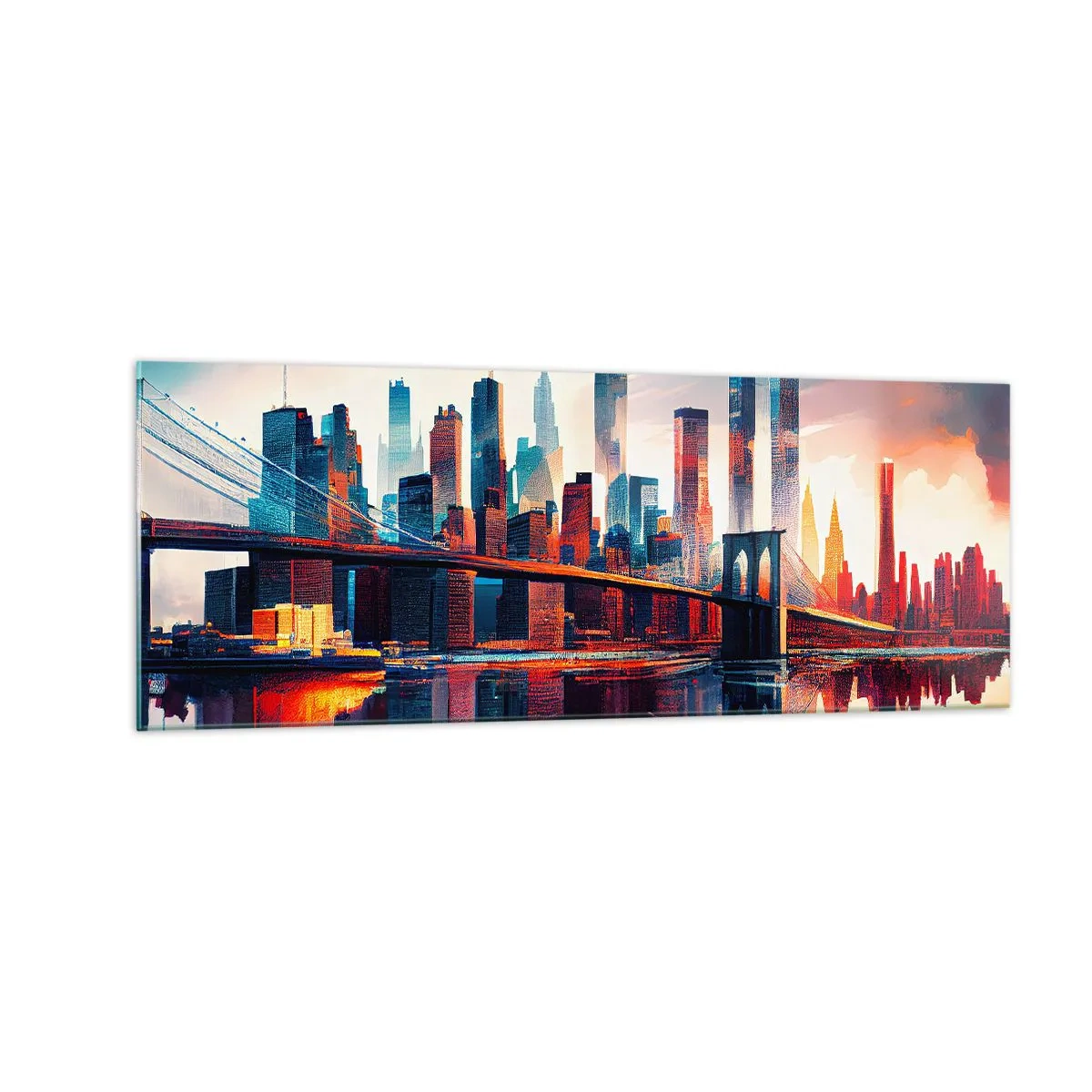 Glasbild - Bild auf glas - New York City Panorama mit Brücke und Spiegelung im Wasser - 140x50cm - Traumhaftes New York - Moderne Wanddekoration für Wohnzimmer und Schlafzimmer ARTTOR