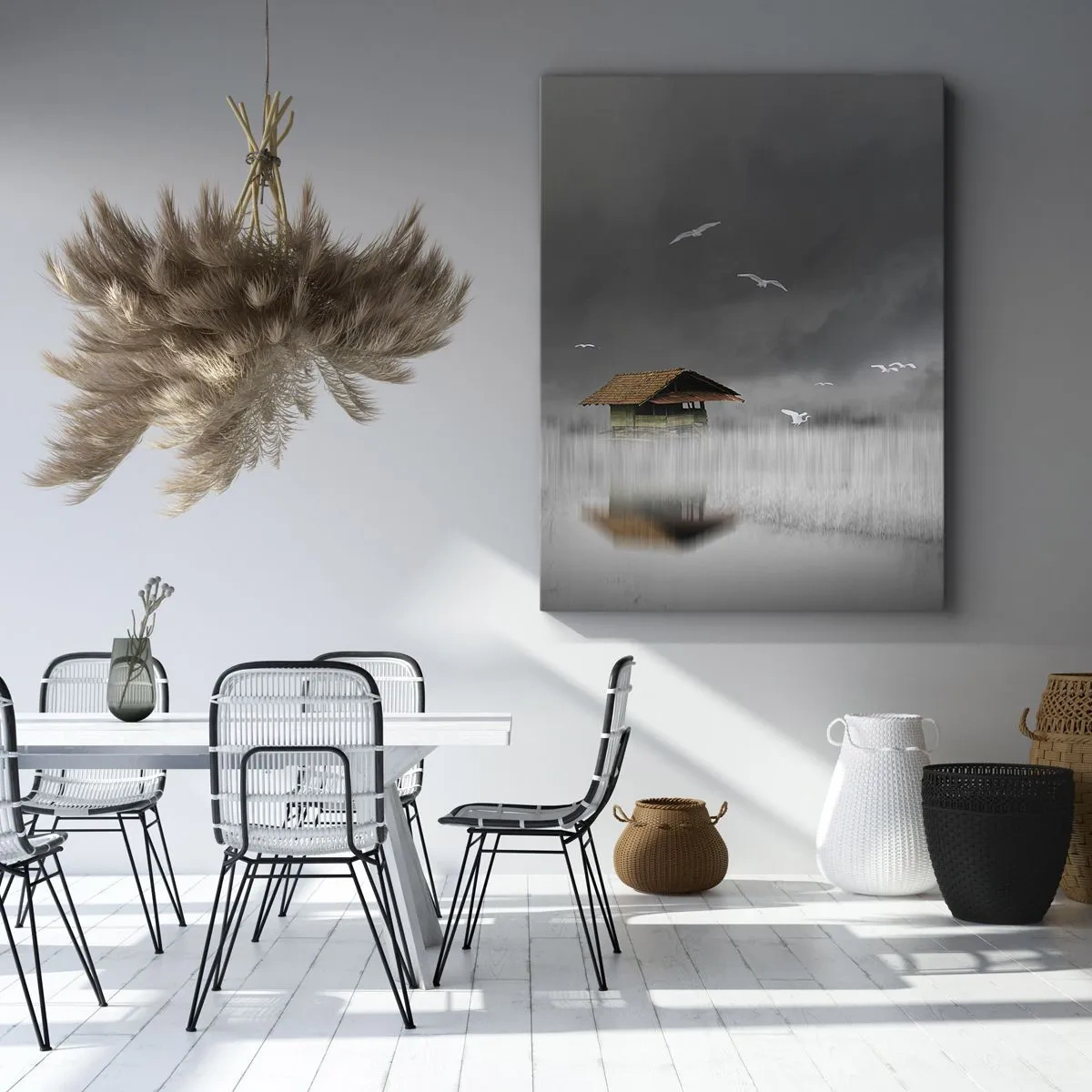 Bild auf Leinwand - Leinwandbild - Ein einsames Häuschen am Wasser, umgeben von Nebel und Vögeln - 70x100cm - Schutz vor Regen - Moderne Wanddekoration für Wohnzimmer und Schlafzimmer ARTTOR