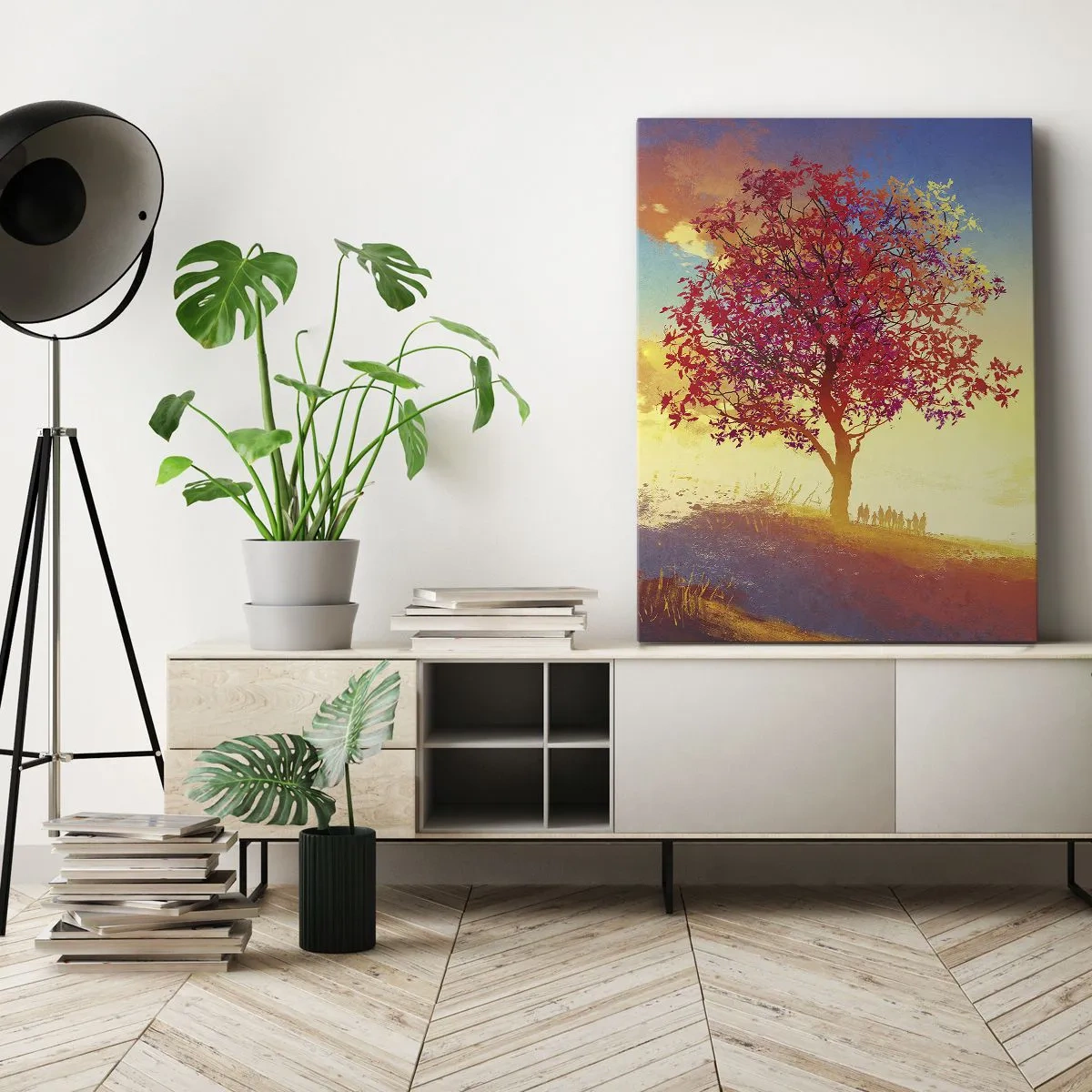 Bild auf Leinwand - Leinwandbild - Eine Figur auf einem Hügel neben einem bunten Baum im Licht der untergehenden Sonne - 70x100cm - Pilger am Ziel - Moderne Wanddekoration für Wohnzimmer und Schlafzimmer ARTTOR