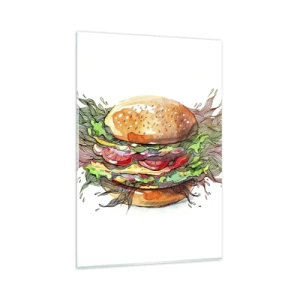 Glasbild - Bild auf glas - Künstlerische Darstellung eines Burgers mit dynamischen Elementen - 80x120cm - Heiße Versuchung - Moderne Wanddekoration für Wohnzimmer und Schlafzimmer ARTTOR