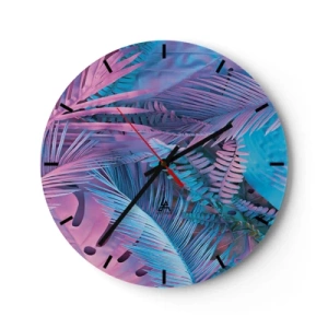 Wanduhr - Glasuhr - Eine abstrakte Komposition aus Palmblättern in Rosa- und Blautönen. - 30x30cm - Tropen in Rosa und Blau - Moderne Wanddekoration für Wohnzimmer, Küche und Schlafzimmer ARTTOR