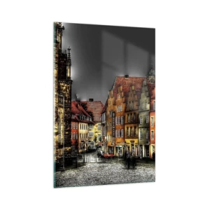 Glasbild - Bild auf glas - Bunte Mietshäuser auf einer Kopfsteinpflasterstraße in der historischen Stadt - 80x120cm - Es fehlt nur noch ein verzaubertes Taxi - Moderne Wanddekoration für Wohnzimmer und Schlafzimmer ARTTOR