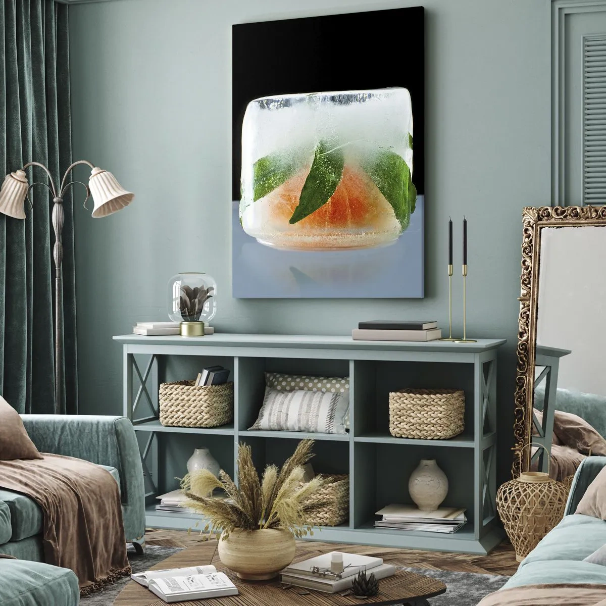 Bild auf Leinwand - Leinwandbild - Eiswürfel mit Orange und Blättern - 80x120cm - Frisch und kühl - Moderne Wanddekoration für Wohnzimmer und Schlafzimmer ARTTOR