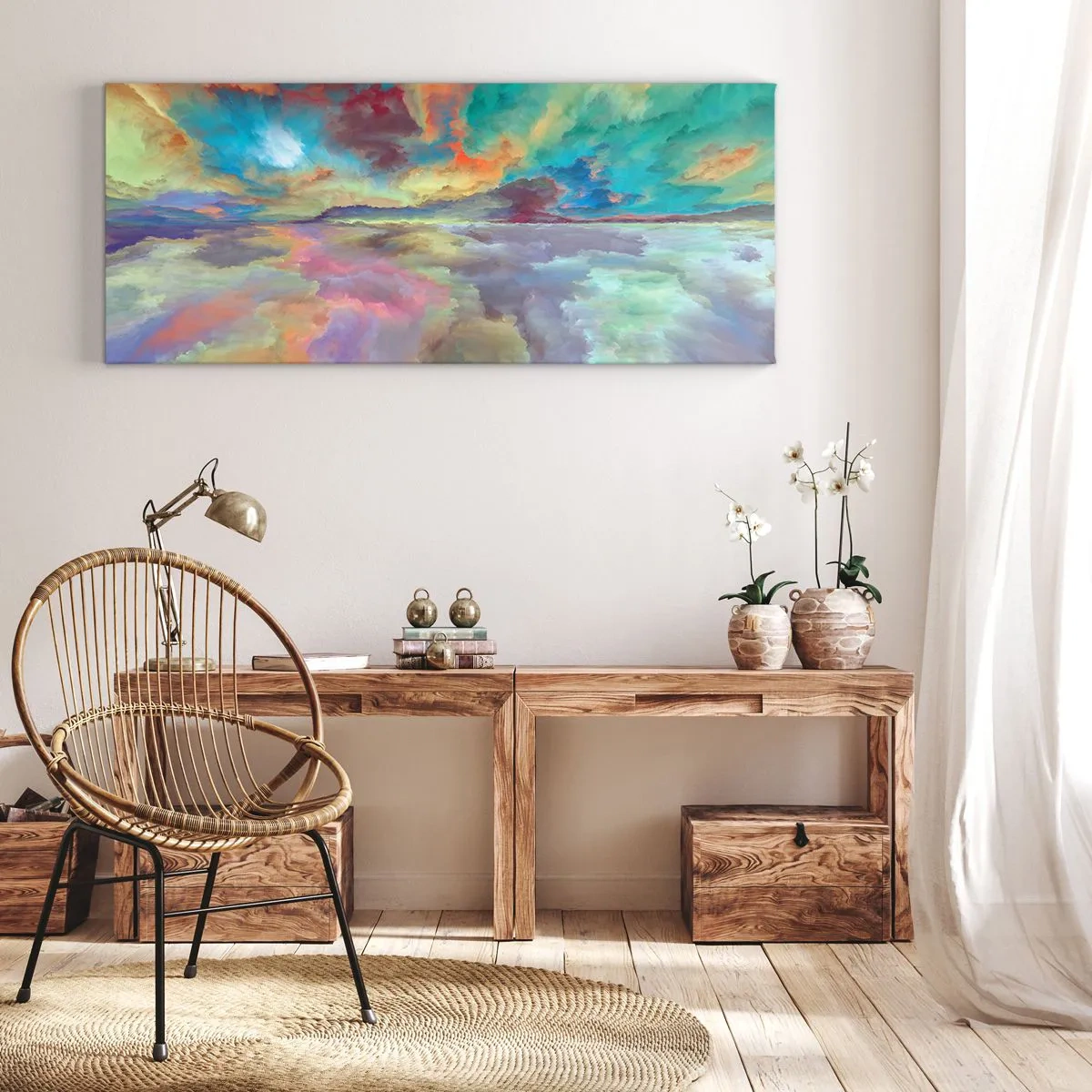 Bild auf Leinwand - Leinwandbild - Bunte Wolkenlandschaft im abstrakten Stil - 120x50cm - Zwei Himmel - Moderne Wanddekoration für Wohnzimmer und Schlafzimmer ARTTOR