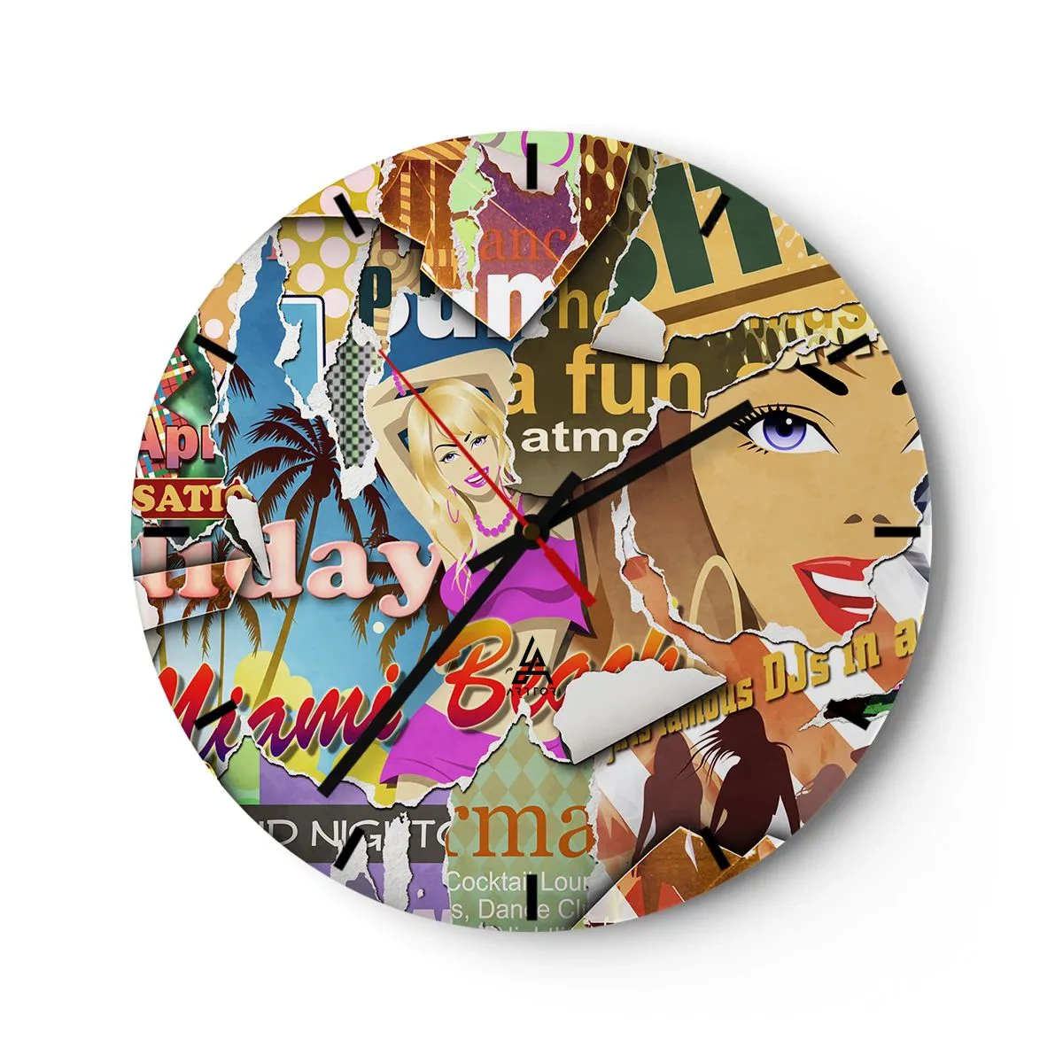 Wanduhr - Glasuhr - Eine farbenfrohe Komposition aus Postern im Retro-Stil - 30x30cm - Sommer Rückblicke - Moderne Wanddekoration für Wohnzimmer, Küche und Schlafzimmer ARTTOR