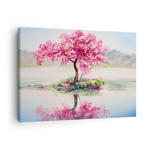 Bild auf Leinwand - Leinwandbild - Ein blühender Baum auf stillem Wasser - 70x50cm - Der Ritus des Frühlings - Moderne Wanddekoration für Wohnzimmer und Schlafzimmer ARTTOR