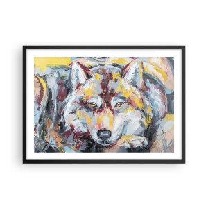 Poster in einem schwarzem Rahmen - Künstlerisches Wolfsportrait in intensiven Farben - 70x50cm - Seelenfrieden unter den Lieben - Moderne Wanddekoration für Wohnzimmer und Schlafzimmer ARTTOR