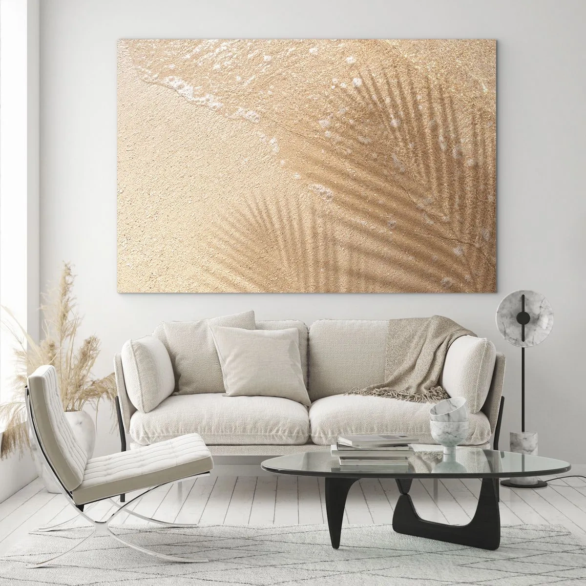 Glasbild - Bild auf glas - Strand und Schatten im Sand - 120x80cm - Der Schatten eines heißen Sommers - Moderne Wanddekoration für Wohnzimmer und Schlafzimmer ARTTOR