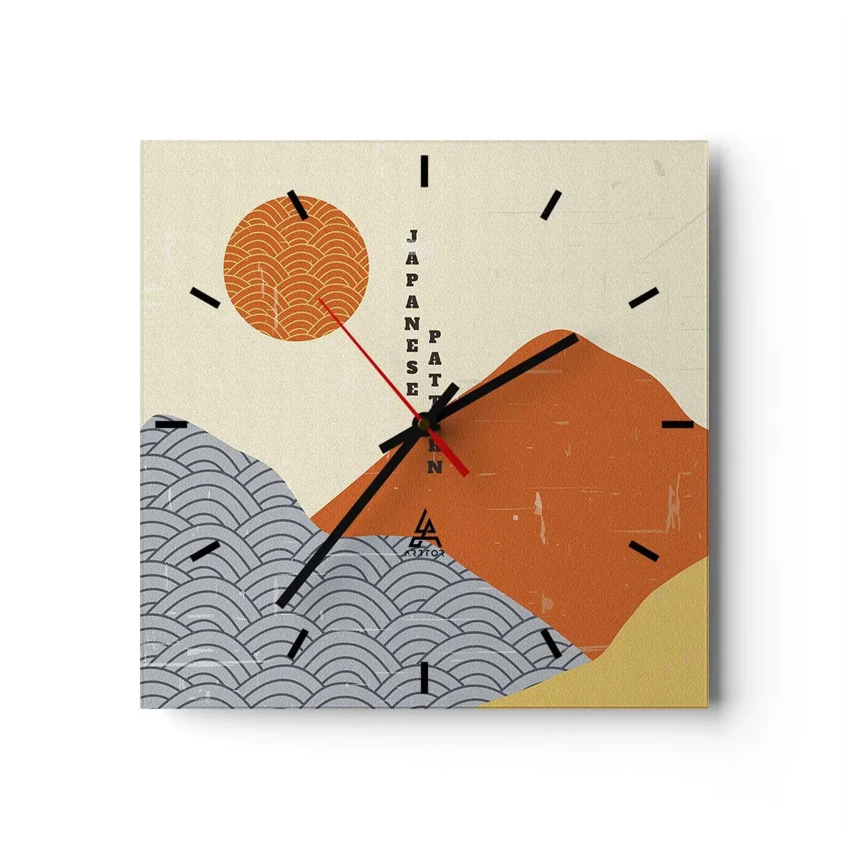 Wanduhr - Glasuhr - Japanische Muster mit Bergen, Sonne und minimalistischem Stil - 30x30cm - Im japanischen Geist - Moderne Wanddekoration für Wohnzimmer und Schlafzimmer ARTTOR